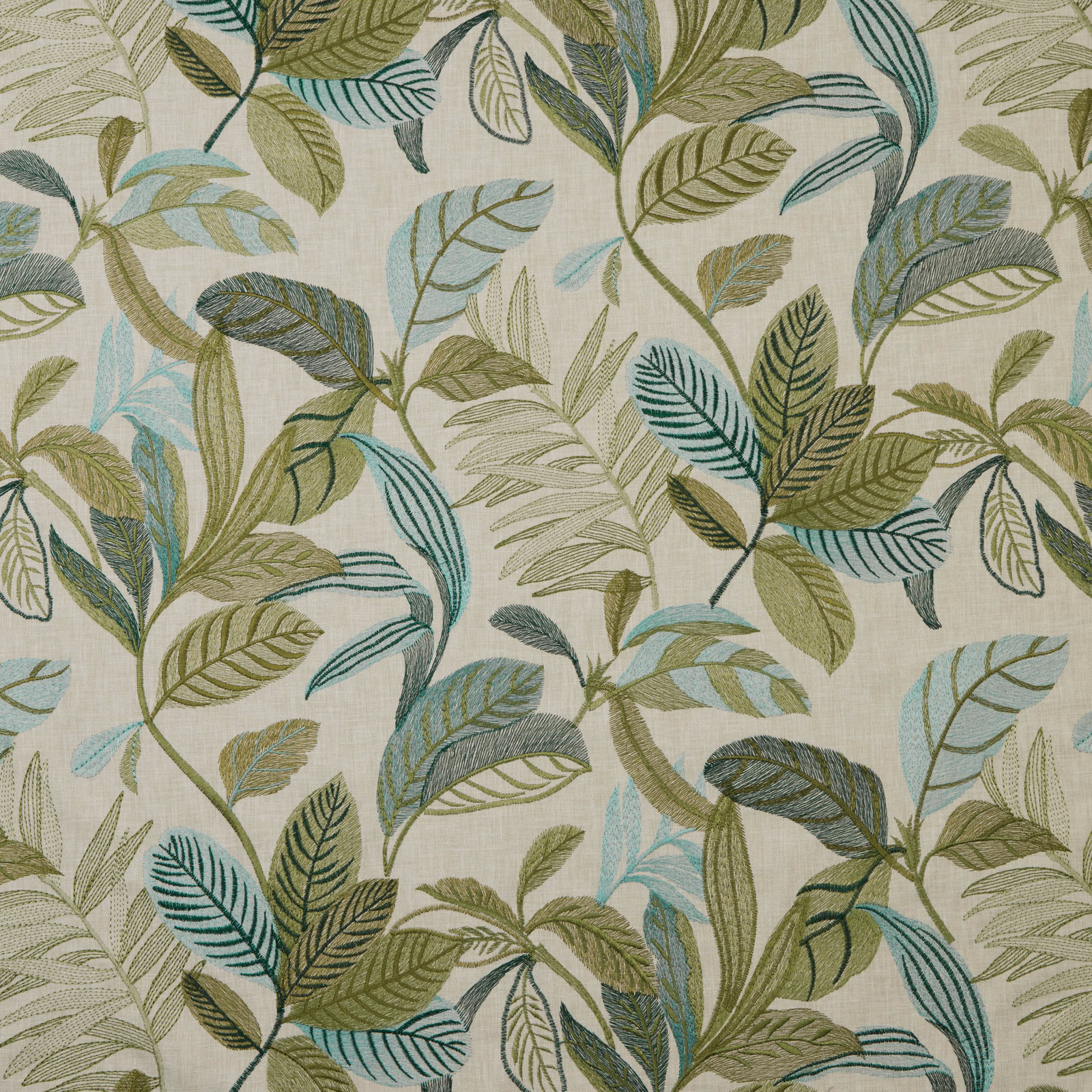 Botanical leaf print in pistachio, olive and aqua on a pale ground