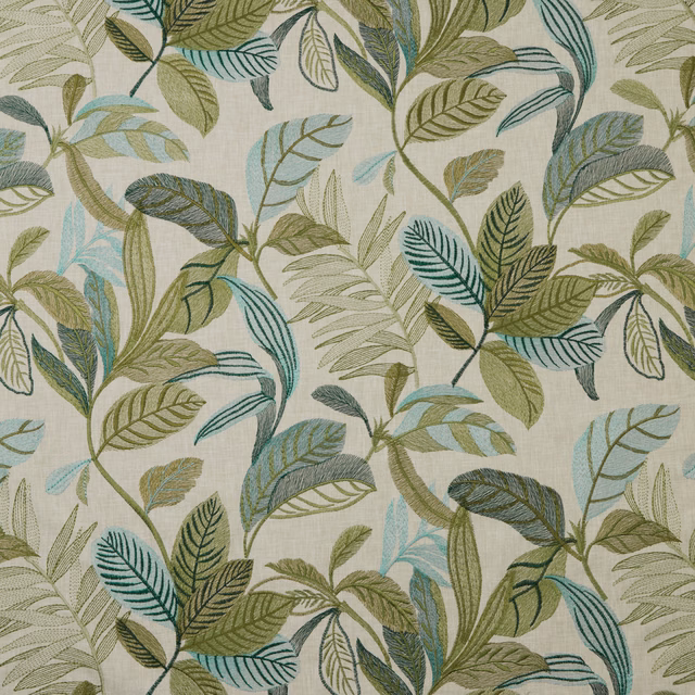 Botanical leaf print in pistachio, olive and aqua on a pale ground