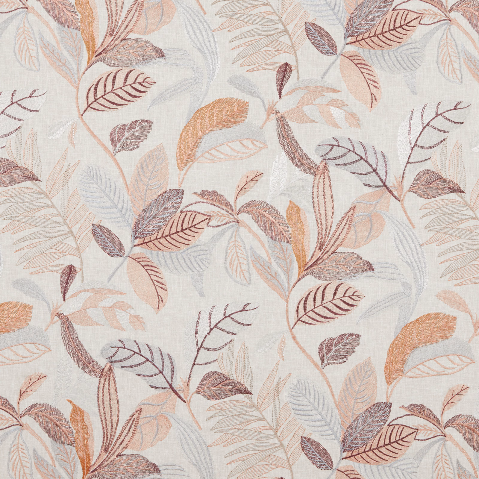 Leaf-patterned fabric swatch in dusty rose, blush and peach on ivory