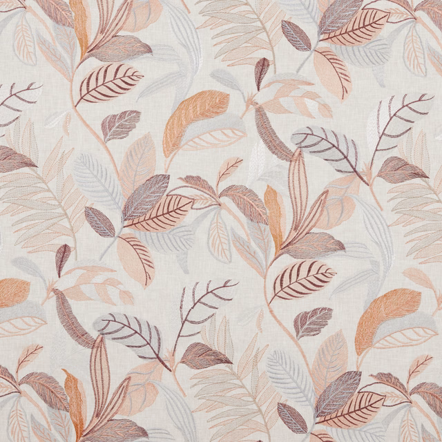 Leaf-patterned fabric swatch in dusty rose, blush and peach on ivory