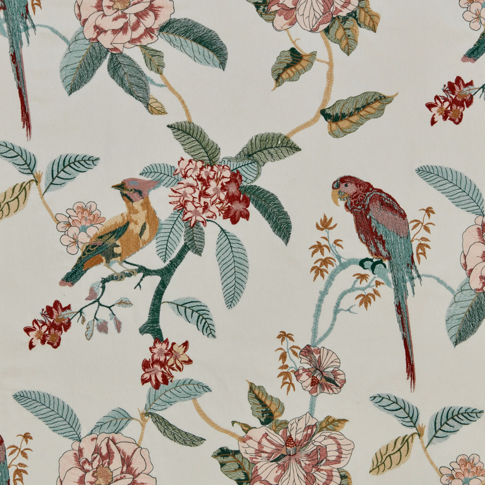 Damson bird and tropical flower print with teal leaves on pale ground