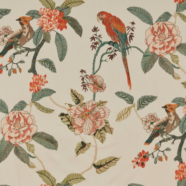 Ivory tapestry fabric with tropical birds, coral flowers and green leaves