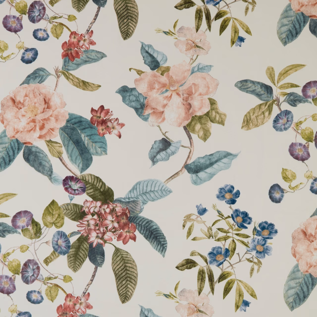 Large painterly botanical print with blush, aqua, olive and violet flowers on cream