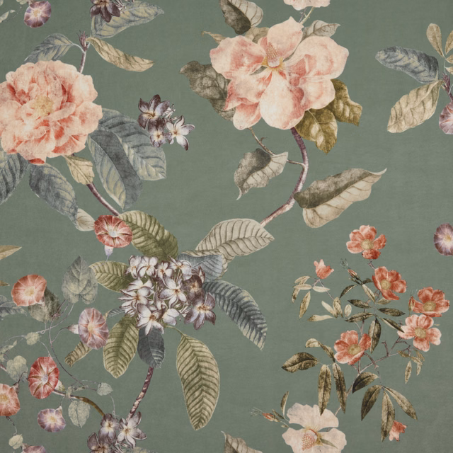 Large-scale botanical print with blush flowers and sage-green leaves on a muted green ground