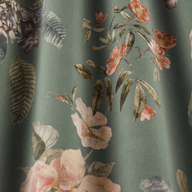 Sage green botanical fabric with blush flowers and layered leafy stems
