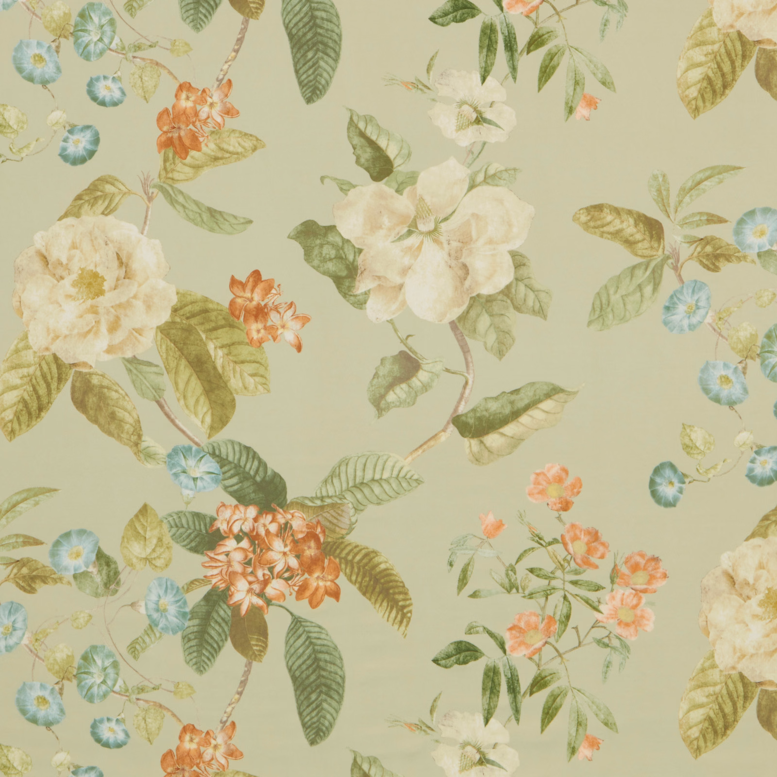 Pistachio green floral fabric with cream, coral and aqua botanical motifs