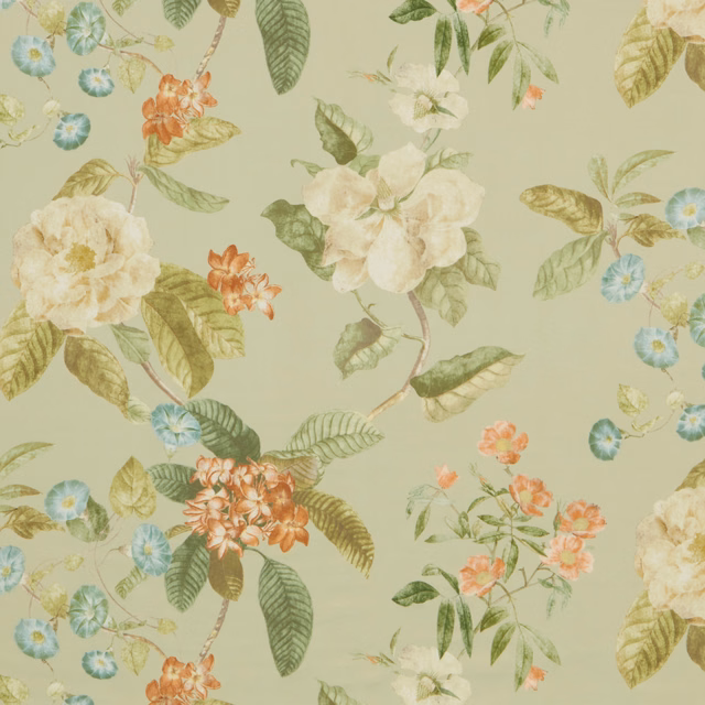 Pistachio green floral fabric with cream, coral and aqua botanical motifs
