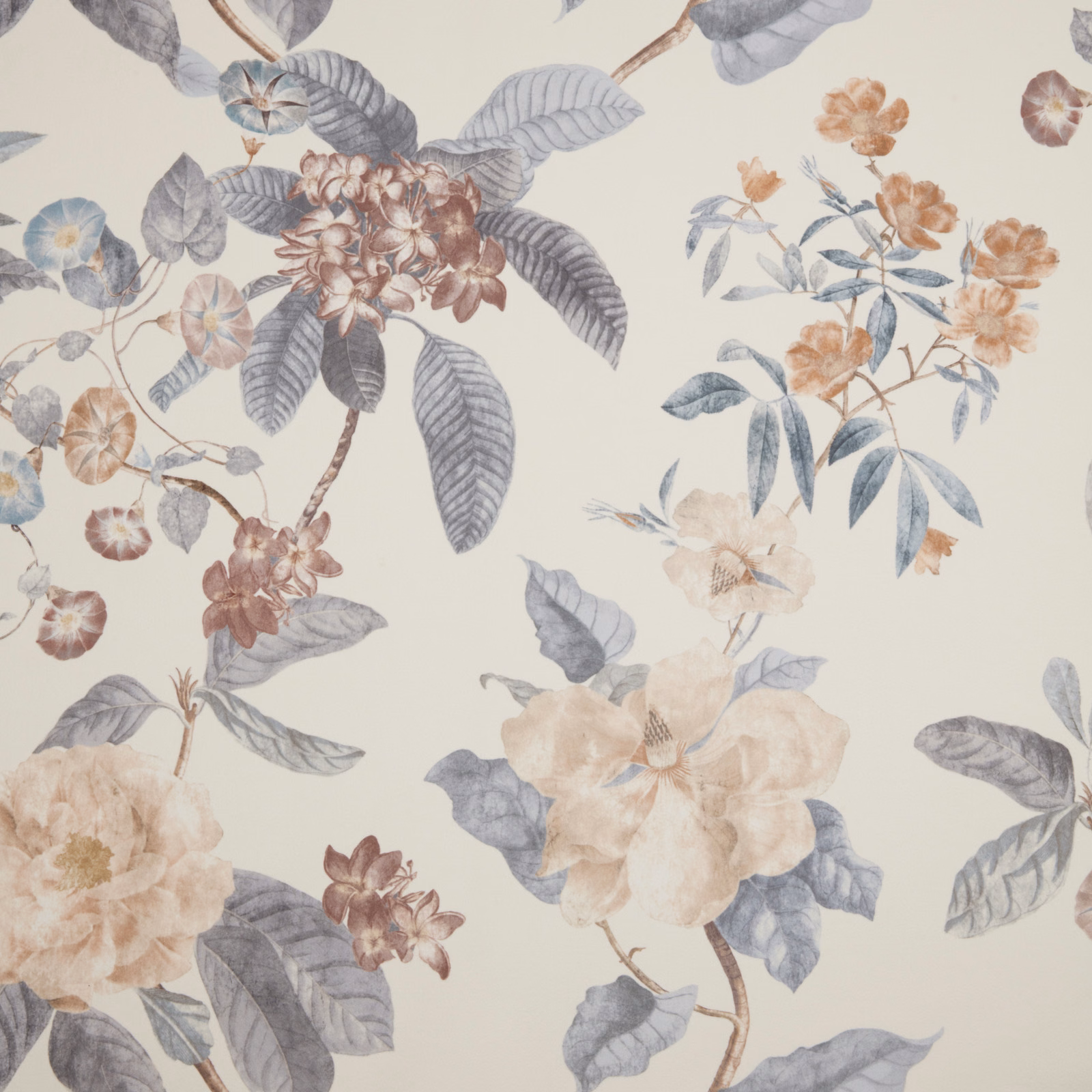 Painterly botanical print with dusty rose flowers and grey-blue leaves on ivory ground