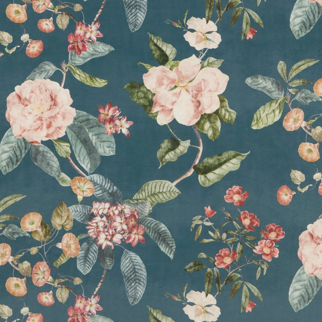 Large-scale botanical tapestry with blush flowers on a deep teal ground