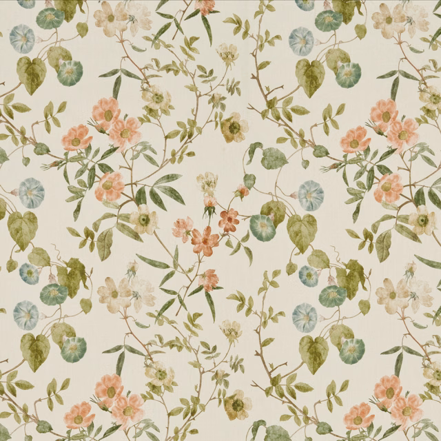 Painterly floral fabric on a warm cream ground with papaya pink and green leaves