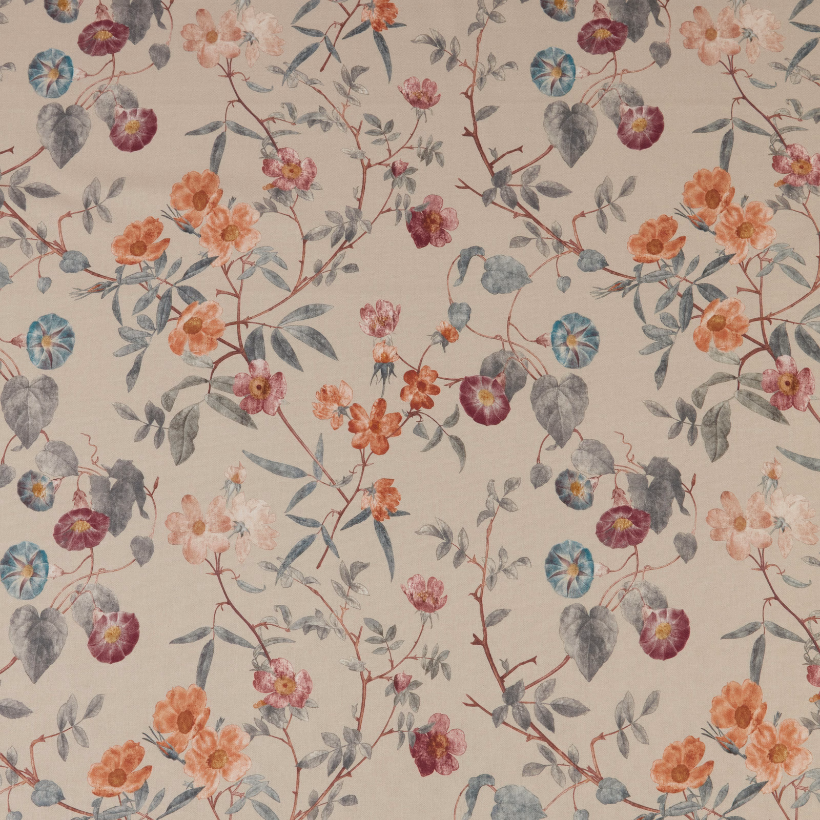 Painterly floral fabric on warm parchment ground with grey-blue leaves and coral blooms