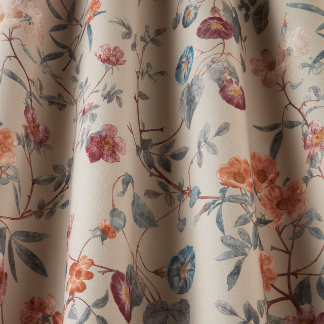 Parchment cream floral fabric with wavy stems, pink blooms and teal leaves