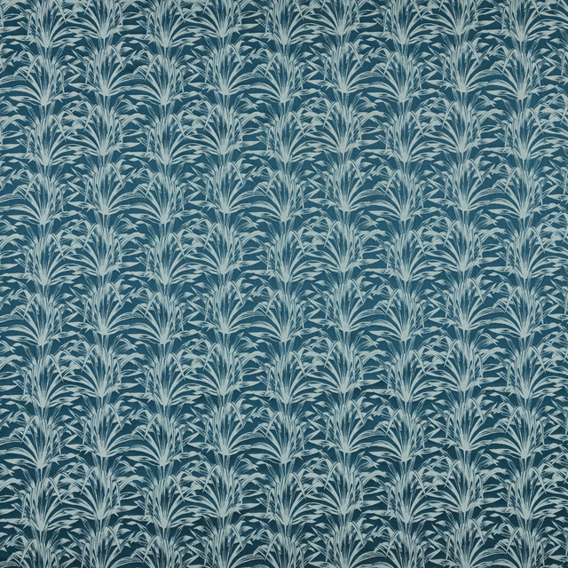 Teal botanical fabric swatch with pale leafy repeats on a deep blue-green ground