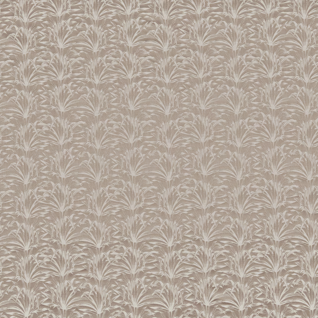 Soft taupe fabric with repeated pale leaf spray motif and subtle textured ground