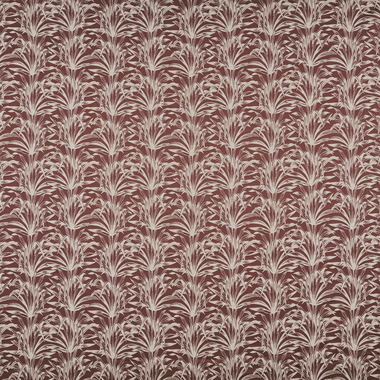 Damson botanical fabric with cream leaf motif and flat woven texture