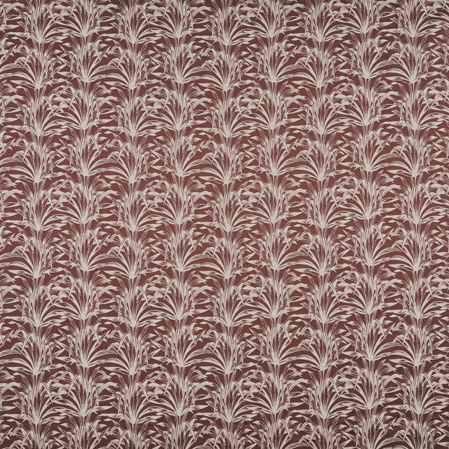 Damson botanical fabric with cream leaf motif and flat woven texture