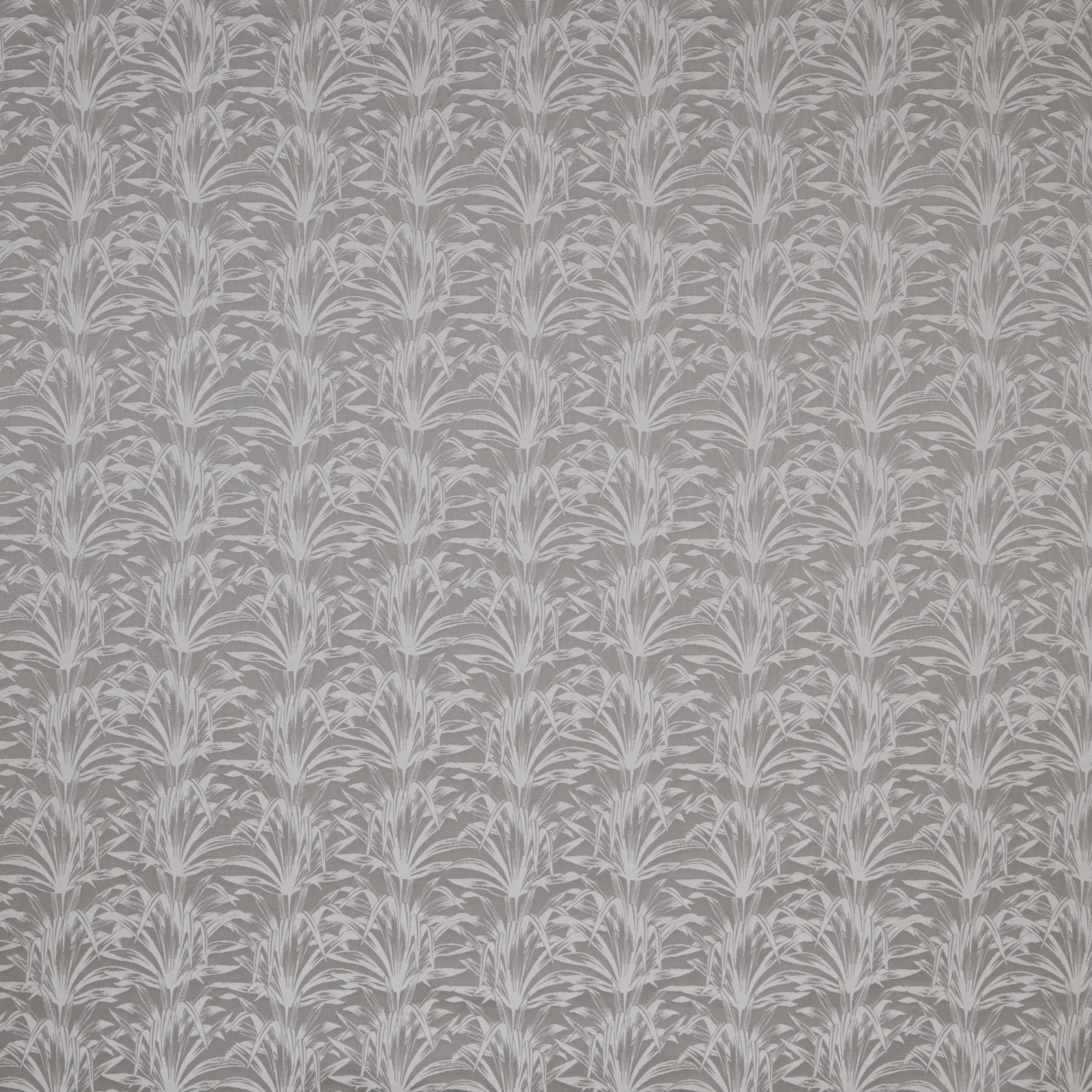 Grey botanical fabric with repeated pale fan leaf motif on a flint ground
