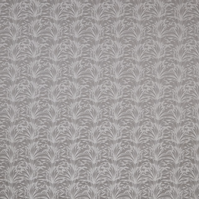 Grey botanical fabric with repeated pale fan leaf motif on a flint ground