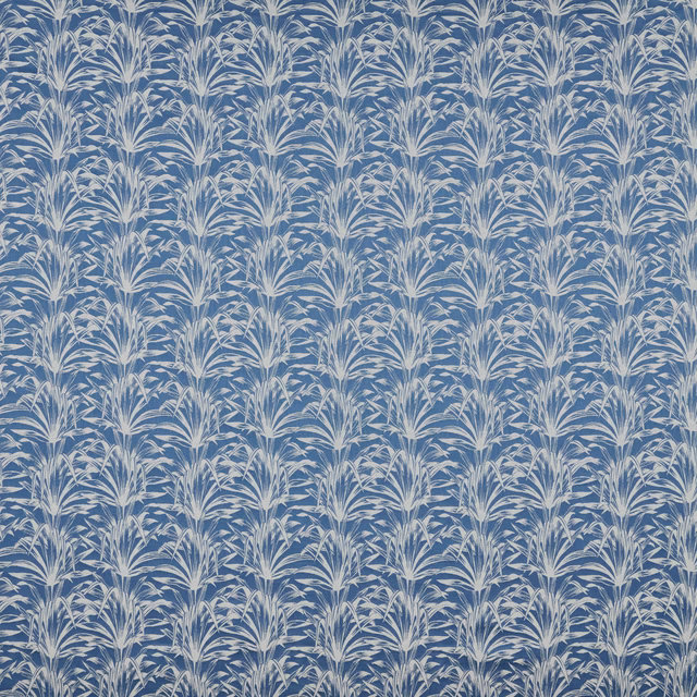 Blue and ivory botanical repeat fabric with crisp palm-like leaves