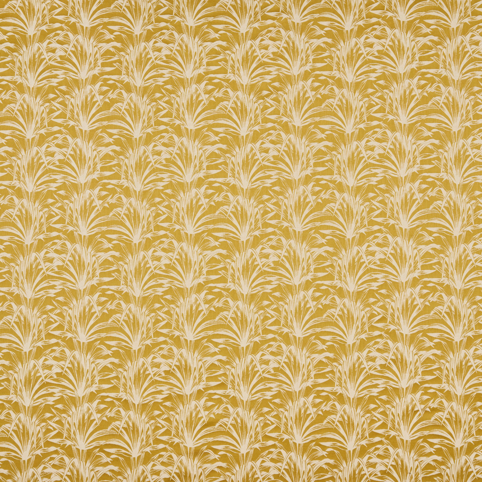 Mustard yellow fabric with pale cream feathery botanical repeat