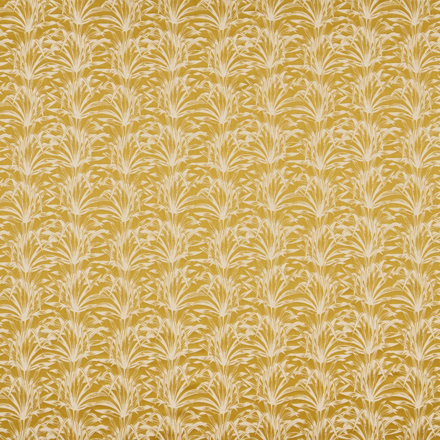 Mustard yellow fabric with pale cream feathery botanical repeat
