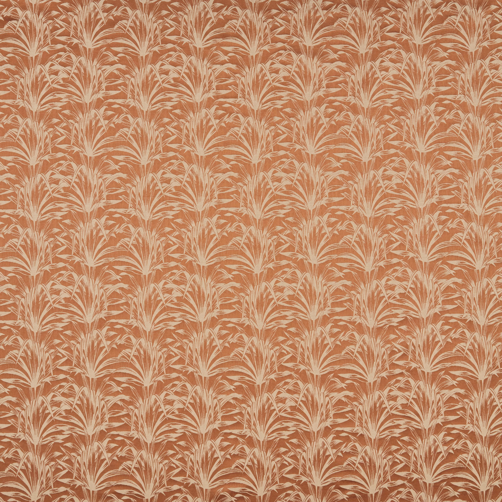 Papaya orange fabric with cream palm-leaf motif and textured woven ground