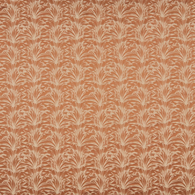 Papaya orange fabric with cream palm-leaf motif and textured woven ground