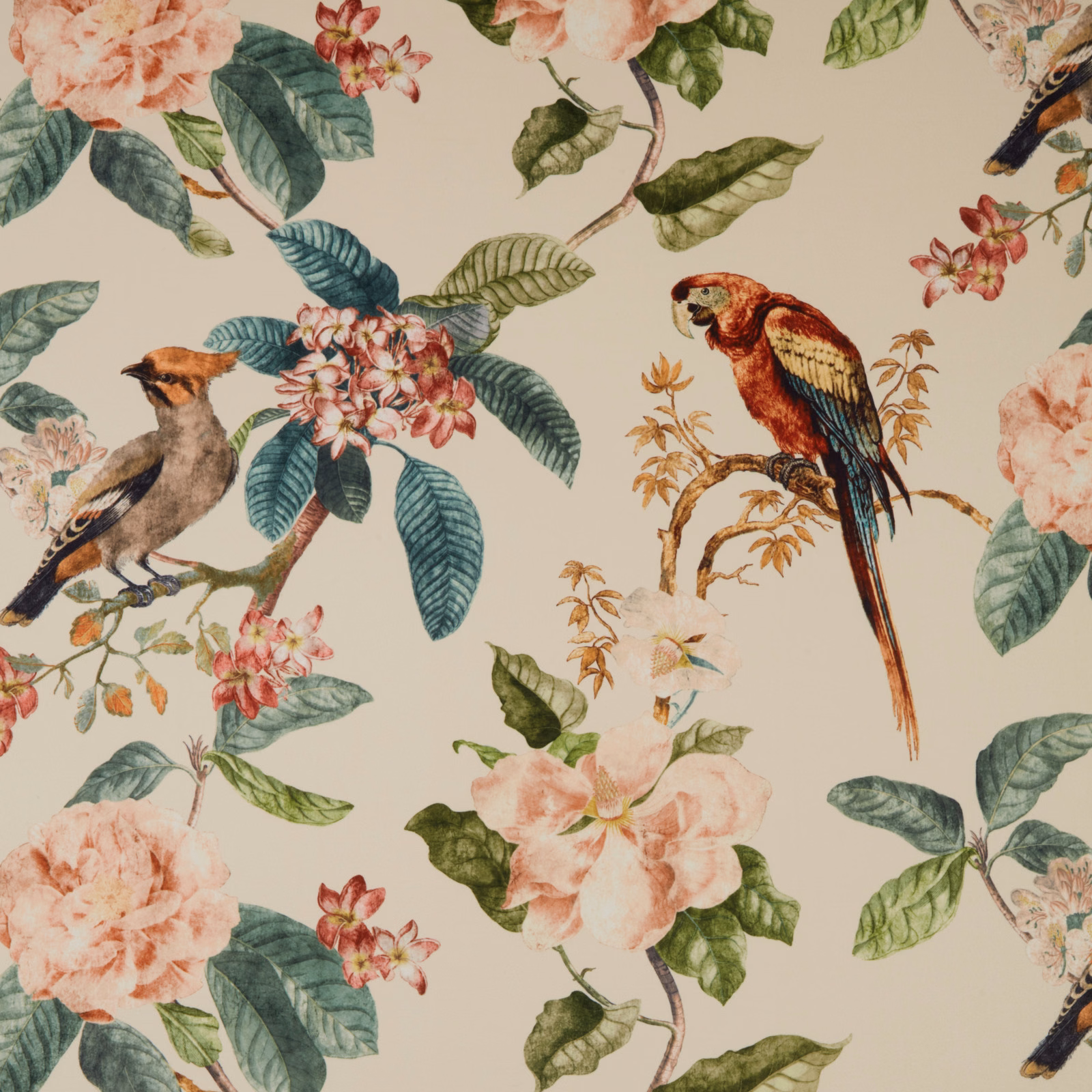 Ivory botanical fabric with parrots, songbirds, blush flowers and teal leaves