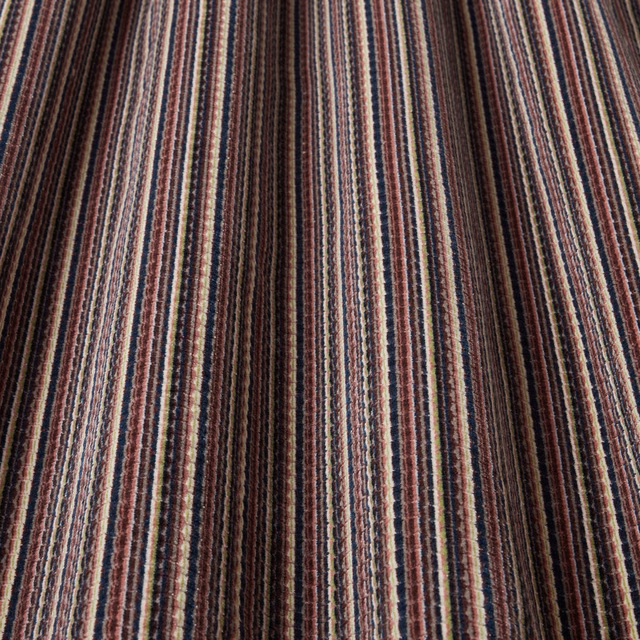 Vertical bilberry, plum and cream striped woven fabric with a textured finish