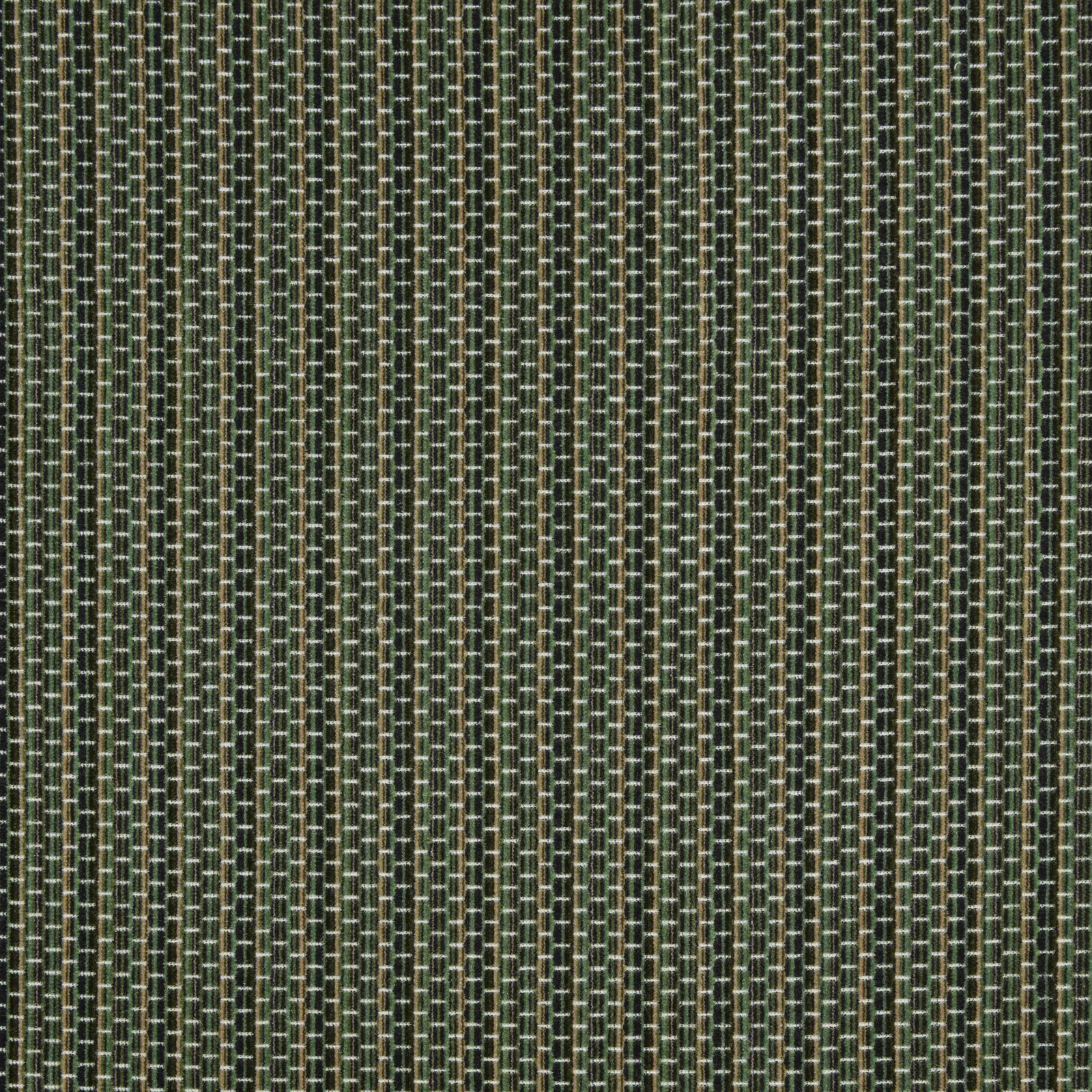 Close-up of deep green geometric woven fabric with pale ladder-like vertical accents