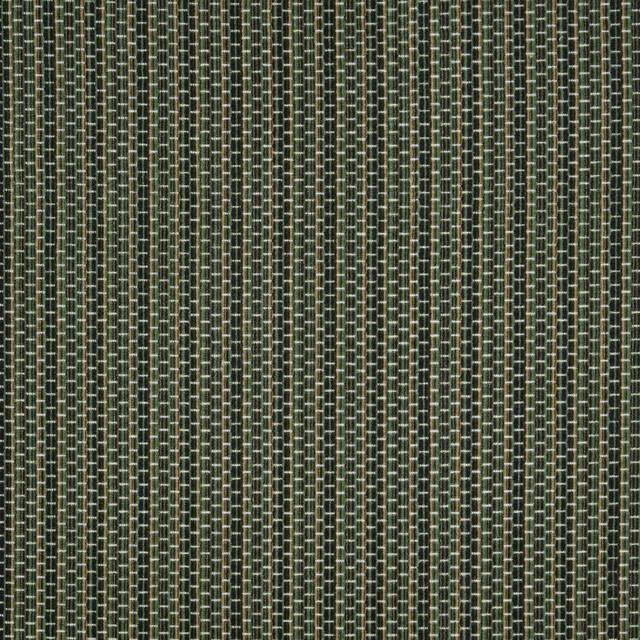 Close-up of deep green geometric woven fabric with pale ladder-like vertical accents