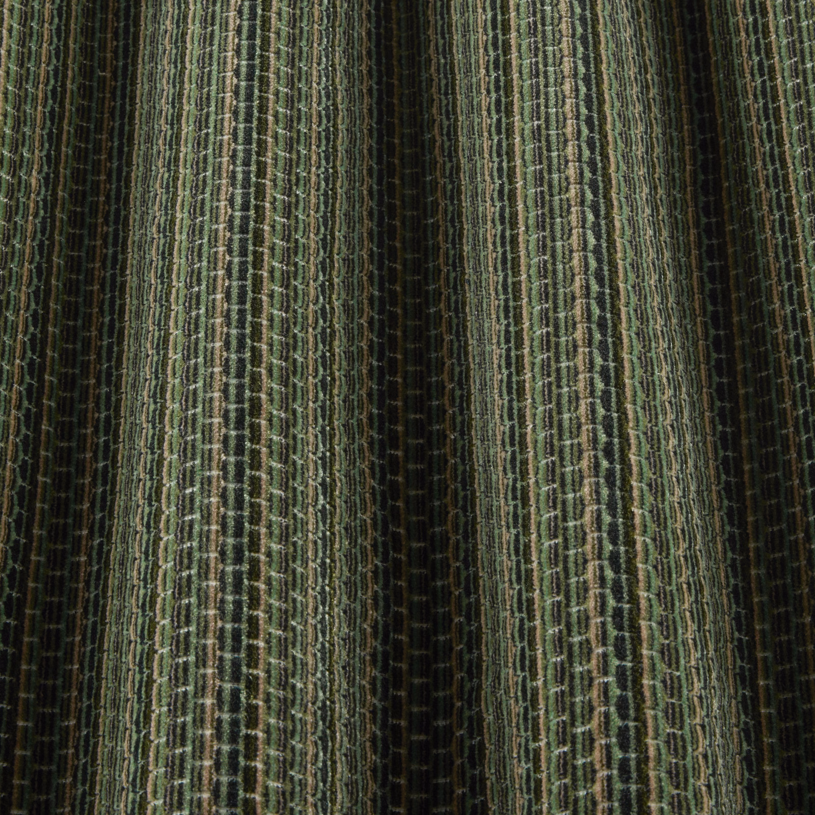 Dark green striped woven fabric with wavy lattice texture and olive accents
