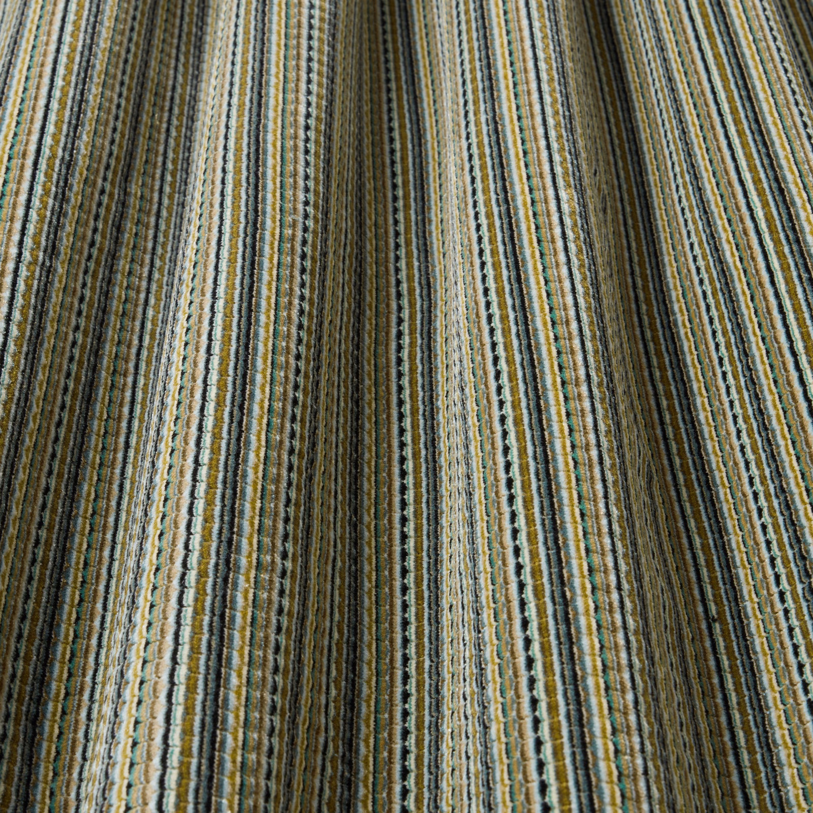 Striped jadeite, cream and olive woven fabric with narrow dark pinstripes
