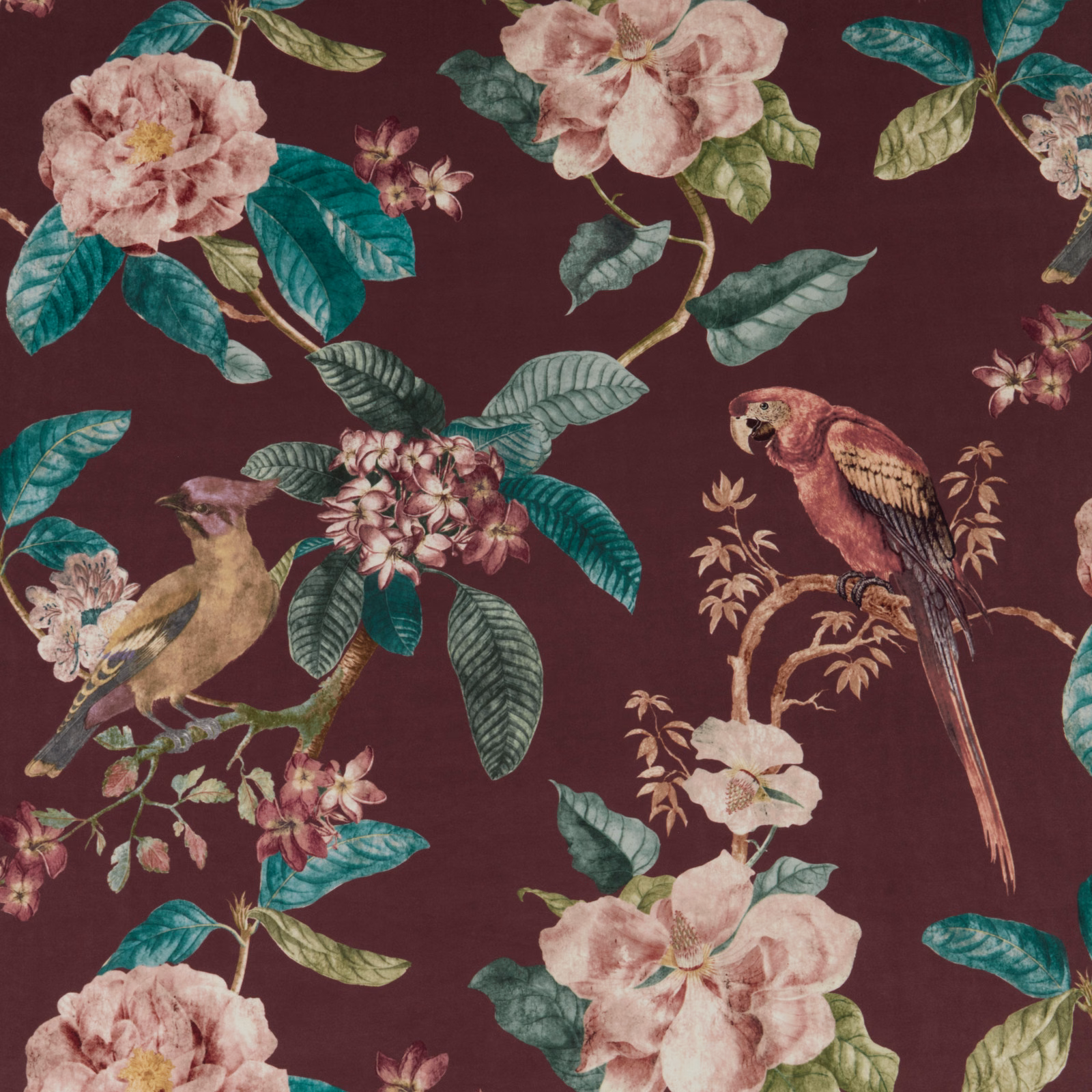 Large botanical print with birds and flowers on a deep damson ground