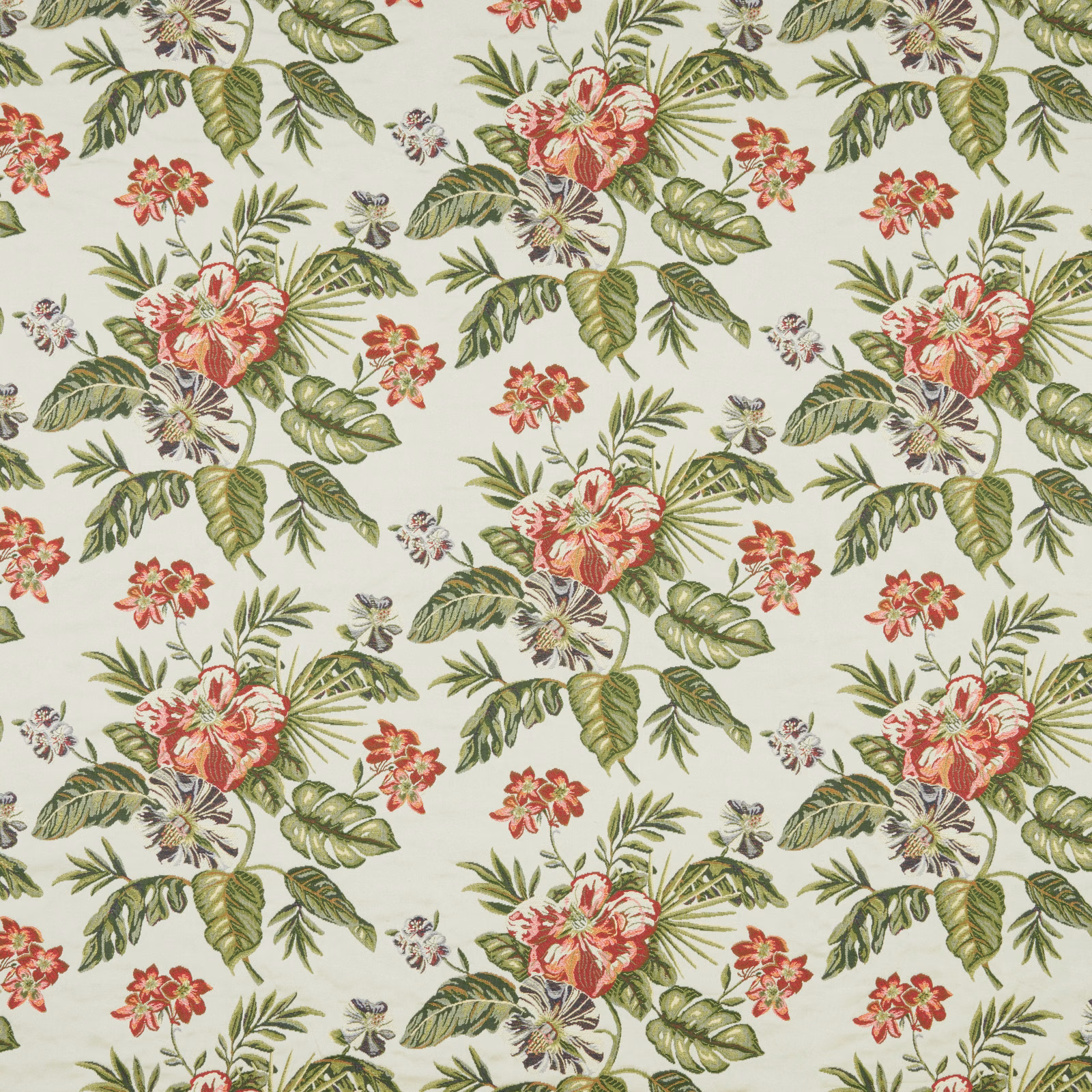 Cream botanical fabric with red-pink flowers and layered green leaves