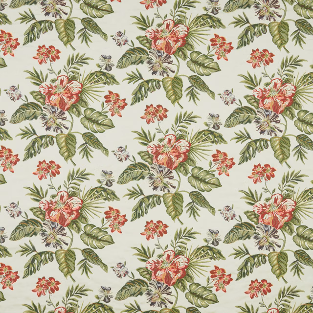 Cream botanical fabric with red-pink flowers and layered green leaves