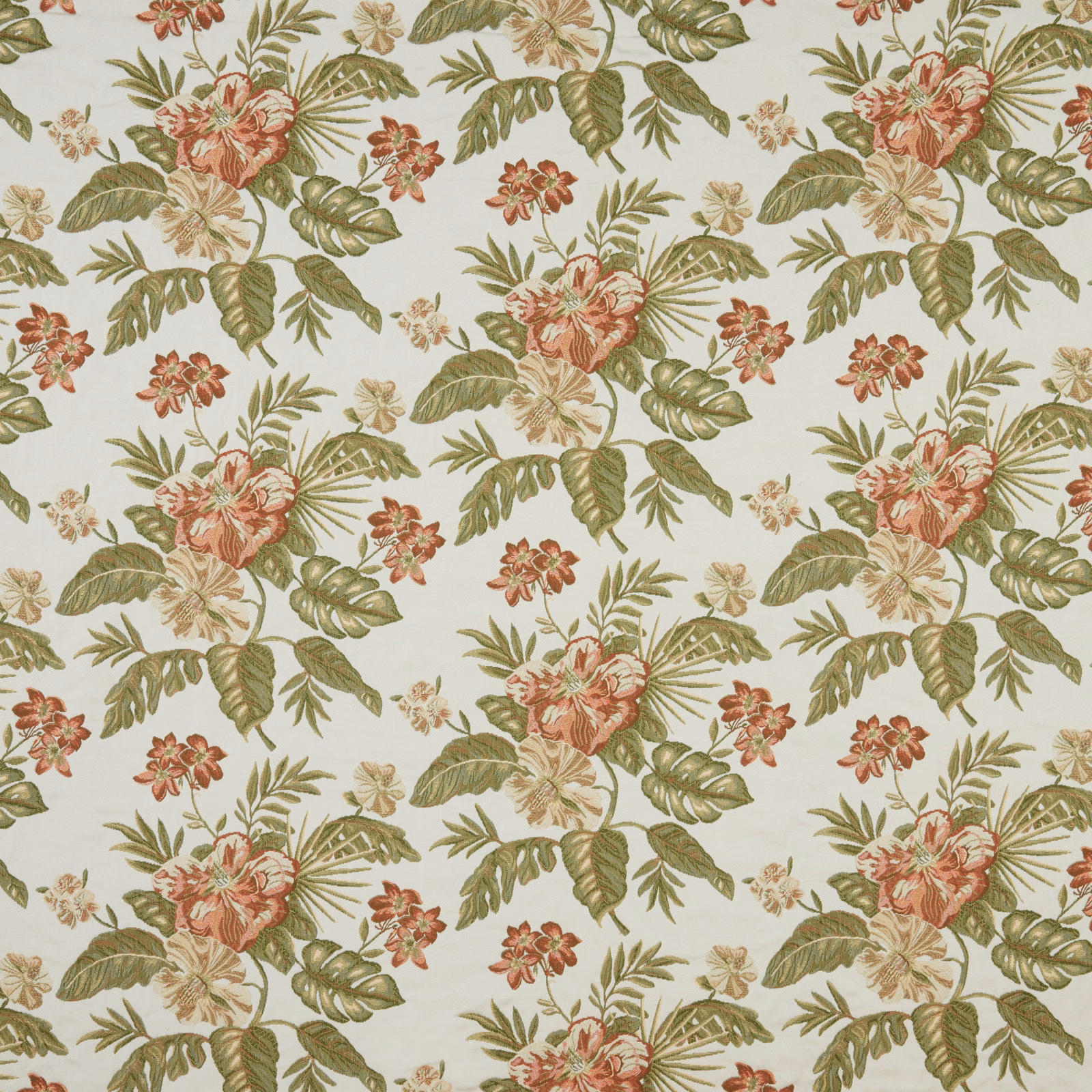 Pale floral fabric with pistachio leaves and coral-pink blossoms on cream