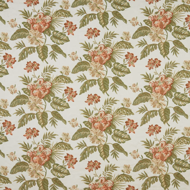 Pale floral fabric with pistachio leaves and coral-pink blossoms on cream