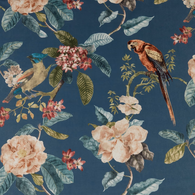 Painterly tropical birds and peach flowers on a deep lagoon blue ground