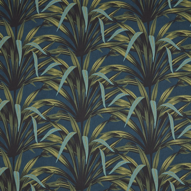 Tropical leaf print swatch on a deep teal-blue ground with aqua and olive fronds