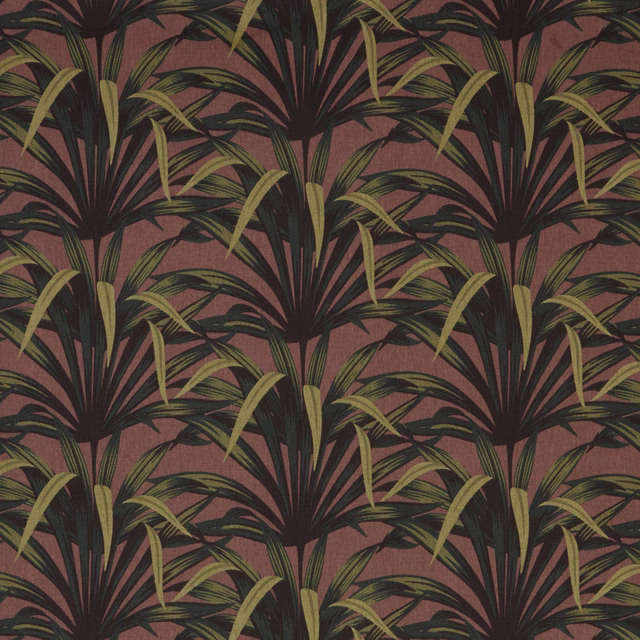 Large tropical palm print in damson, olive and deep green on woven fabric
