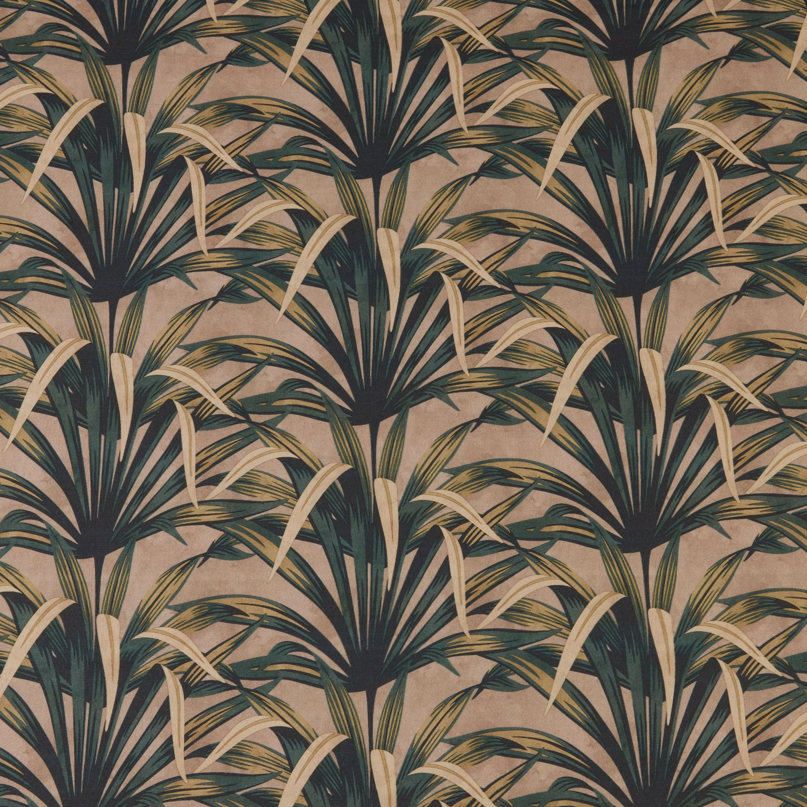 Large botanical palm print in dark green, cream and beige on a warm neutral ground