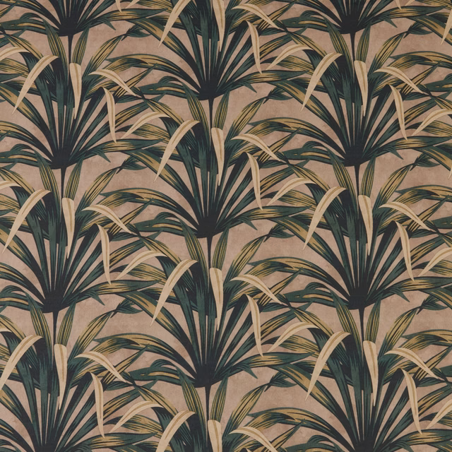 Large botanical palm print in dark green, cream and beige on a warm neutral ground