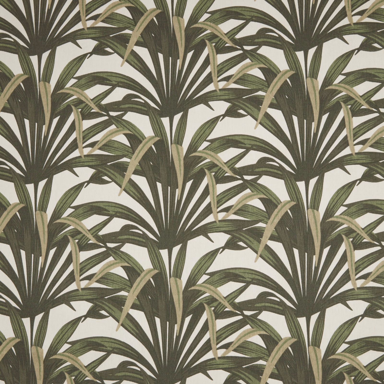 Large tropical leaf print in forest green, sage and ivory on a pale ground