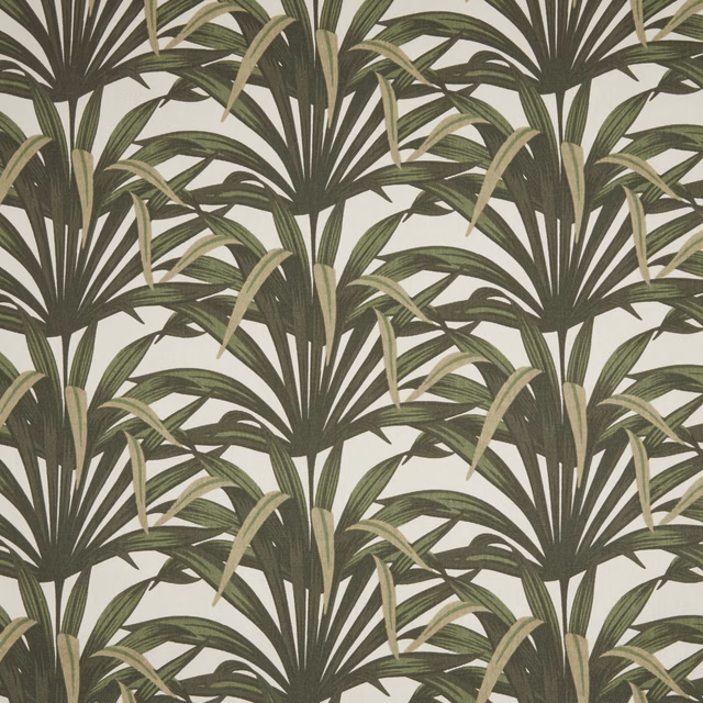 Large tropical leaf print in forest green, sage and ivory on a pale ground