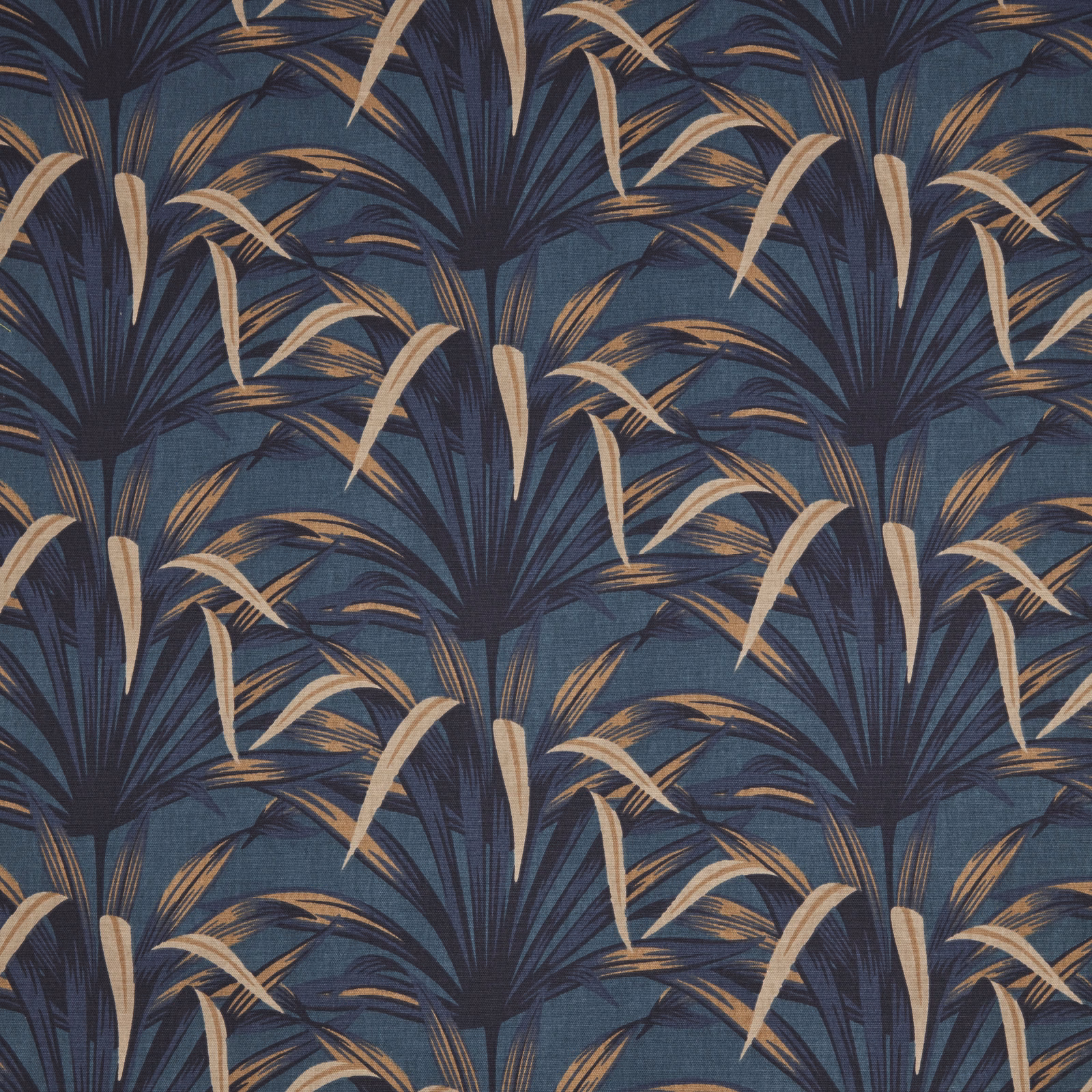 Teal blue botanical fabric with dark foliage and pale gold leaf motifs