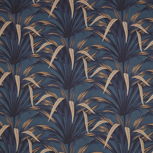 Teal blue botanical fabric with dark foliage and pale gold leaf motifs