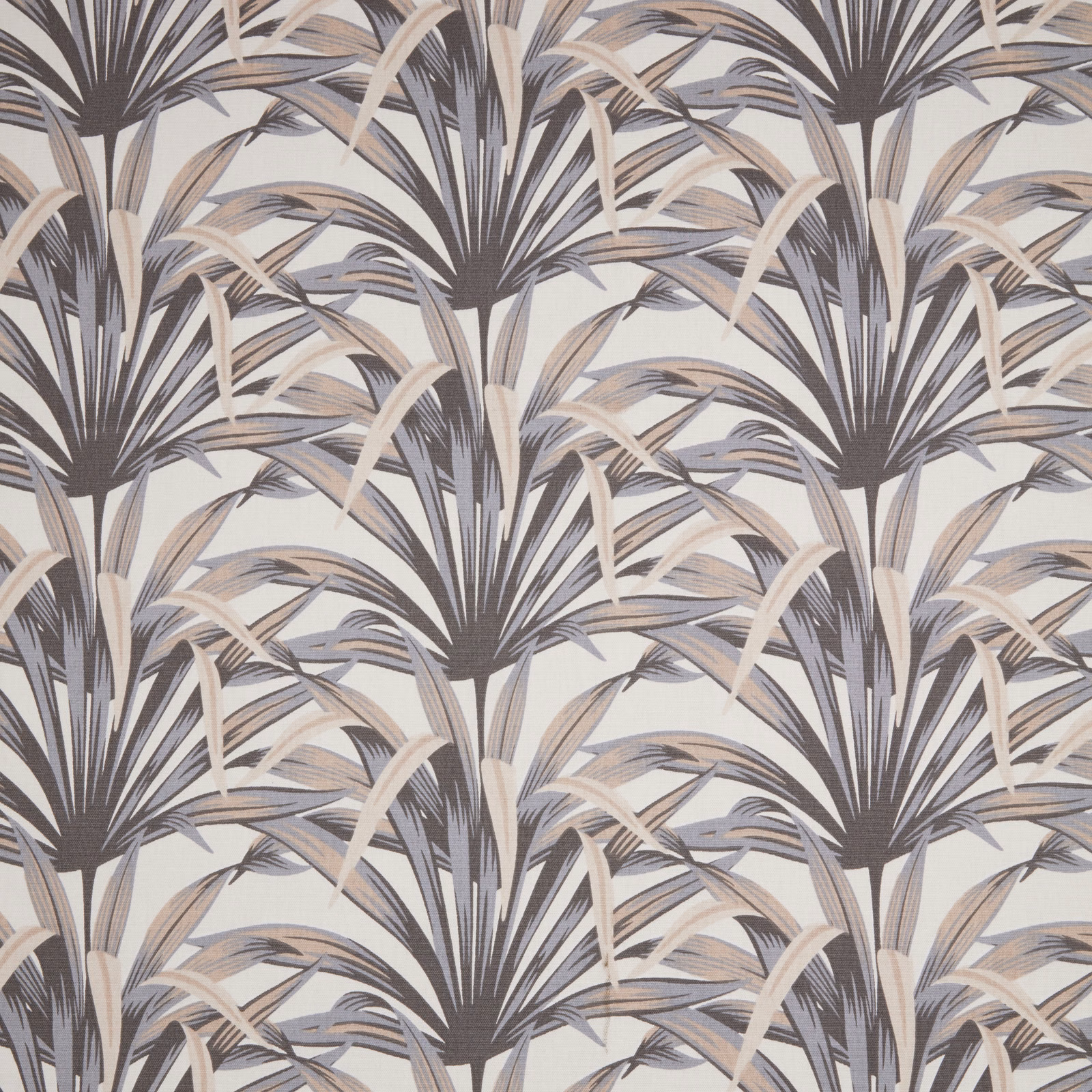 Large palm leaf fabric print in soft rose, taupe and charcoal on pale ground