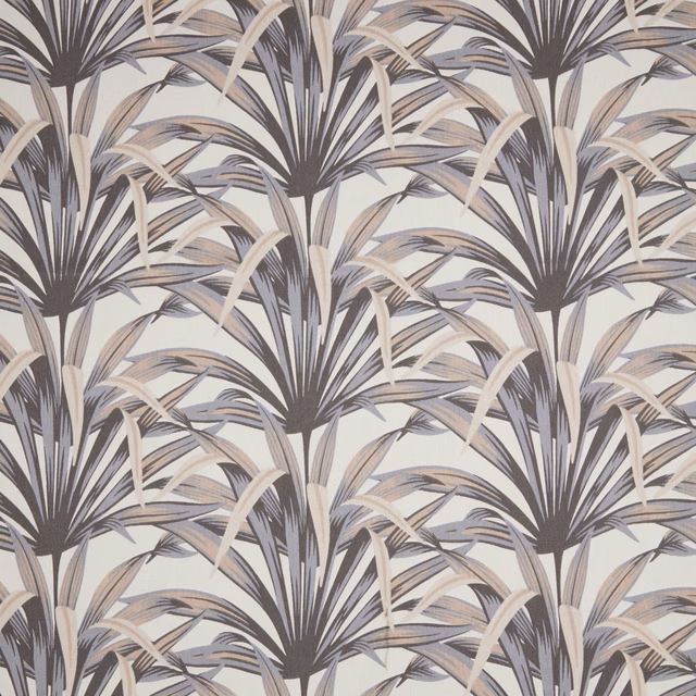 Large palm leaf fabric print in soft rose, taupe and charcoal on pale ground