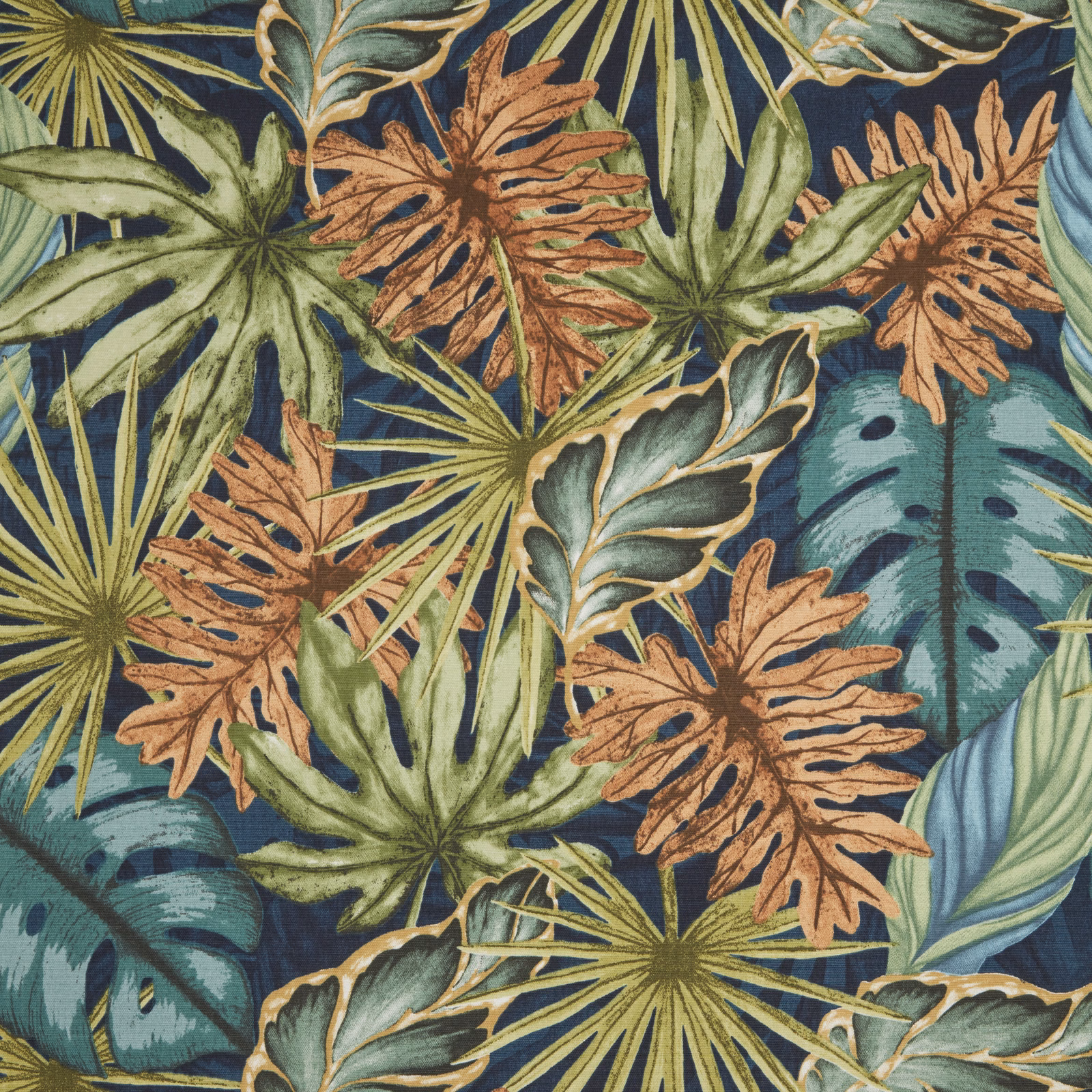 Large tropical leaf print in navy, teal, olive and copper on woven fabric